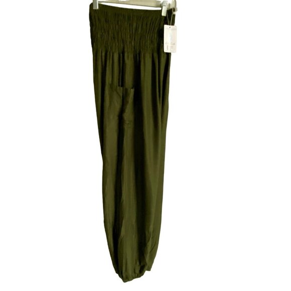 Boho Pants Green Smocked Waist Harem Pants With Pockets Women's Medium NEW NWT - Picture 2 of 7